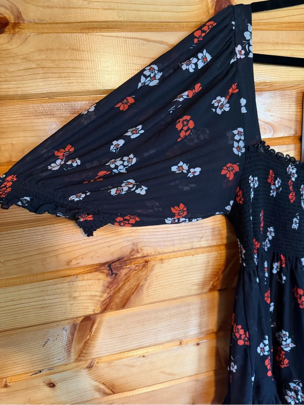 Free People Black Smocked Bodice Floral Peasant Top with Red & White Accents XL